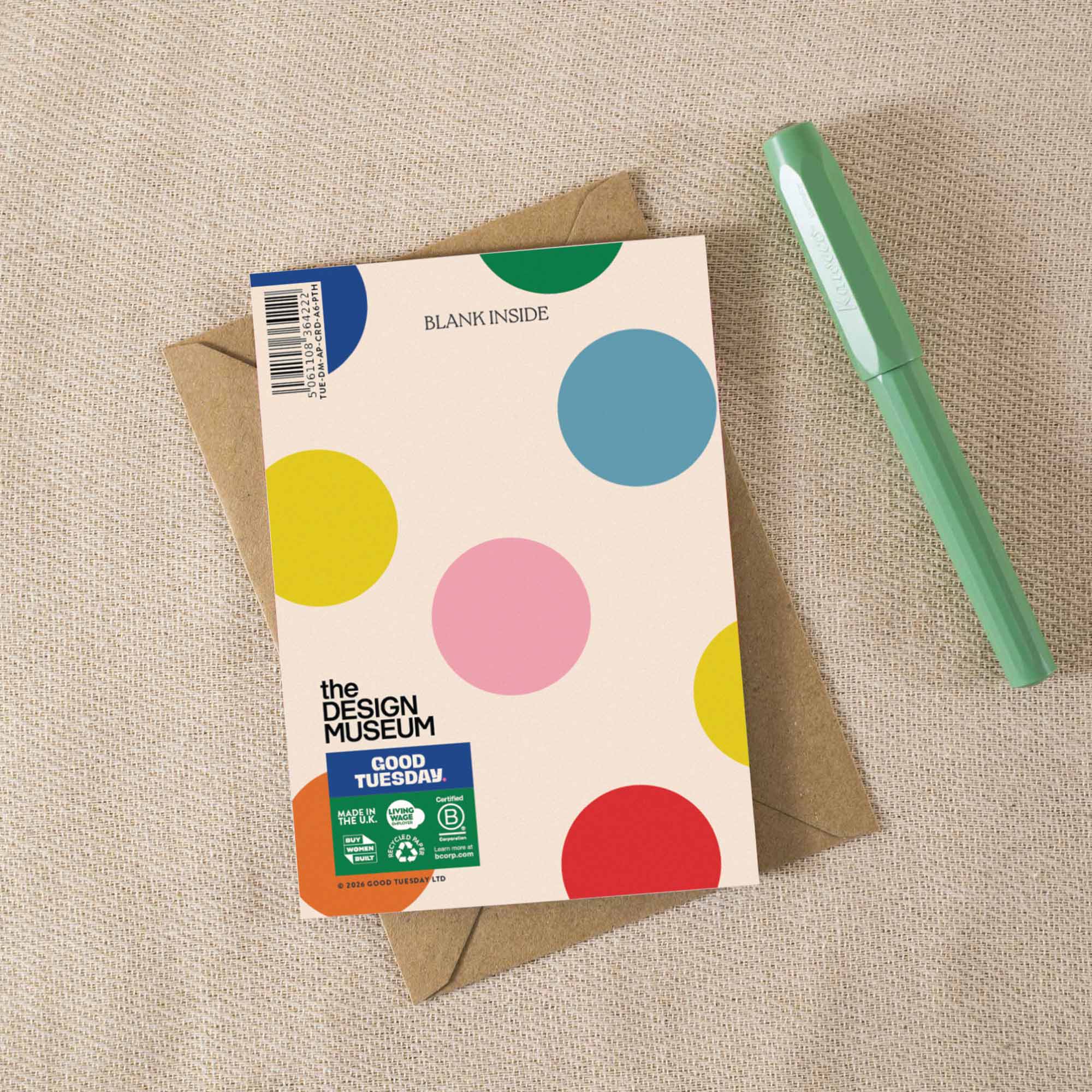 Polka Design Museum Thank You Card, blank inside, with recycled kraft envelope