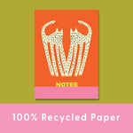 a5 notebook. 60 pages. 100% recycled paper. made in the UK. Ashley Percival Cats. Red, yellow, pink.