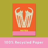 a5 notebook. 60 pages. 100% recycled paper. made in the UK. Ashley Percival Cats. Red, yellow, pink.