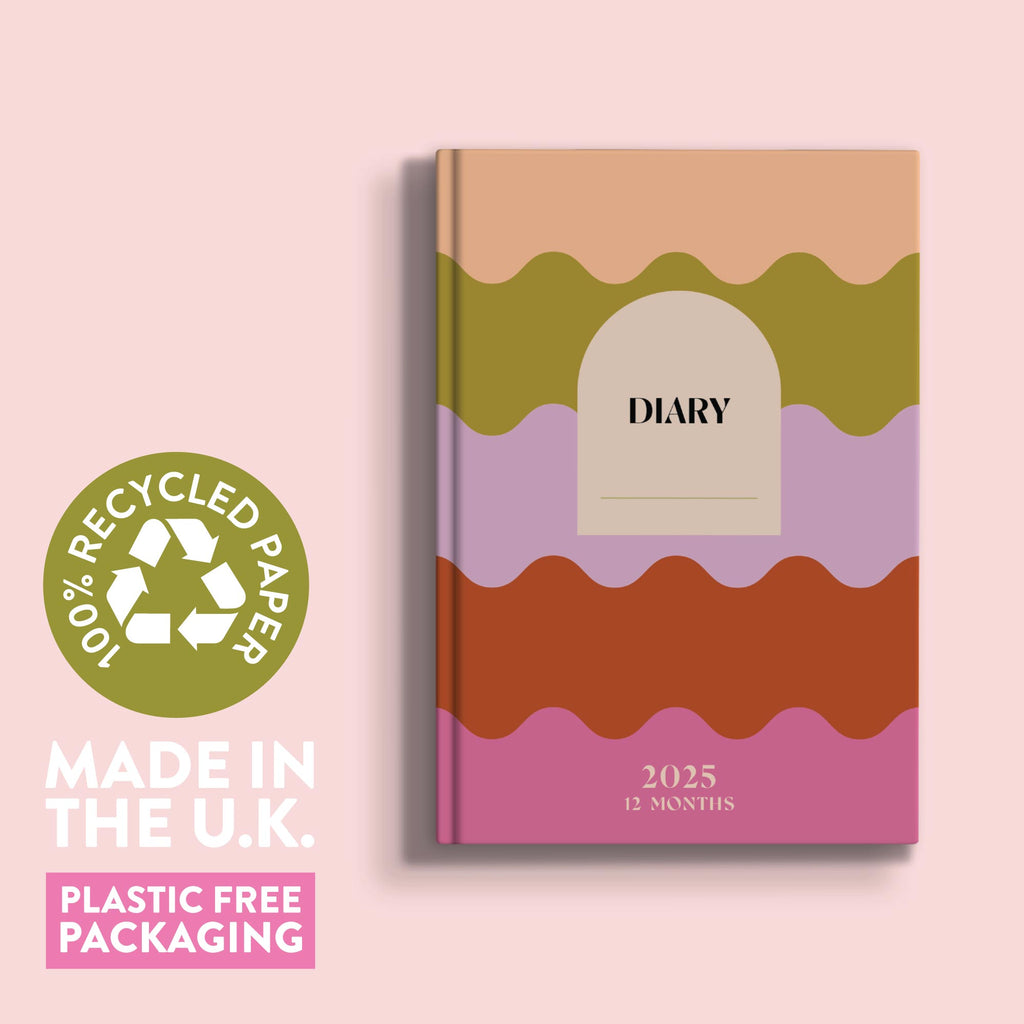 2025 week to view planner. annual diary. 100% recycled paper. made in the UK.