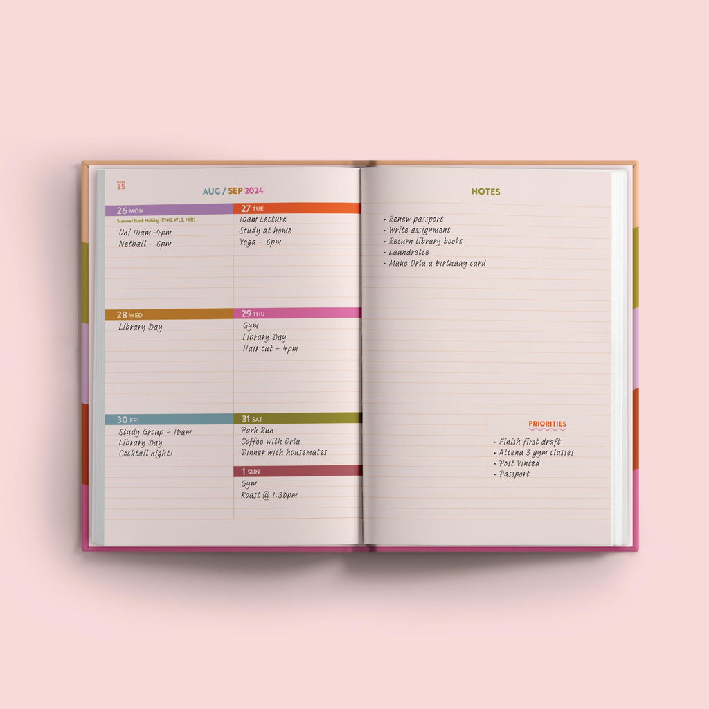 2024 - 2025 academic diary. Multicoloured Rainbow Waves. Week to view. A5, hardcover journel. 100% recycled paper. Made in the UK.