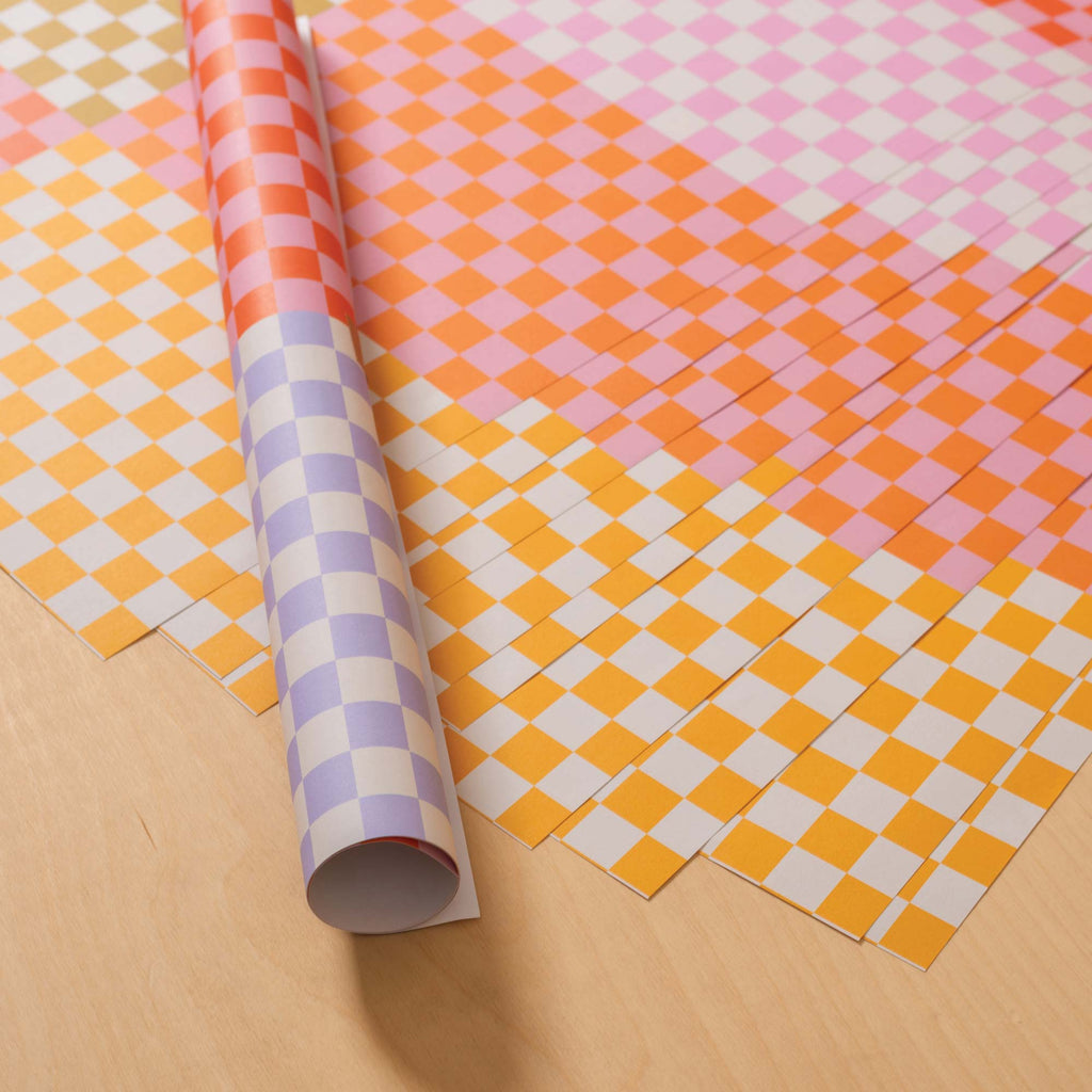 colourful checks gift wrap. 5 pack. 10 pack. christmas wrapping paper. birthday wrapping paper. eco gift wrap. 100% recycled paper. made in the UK. gift paper. recycled wrapping. gift wrap.