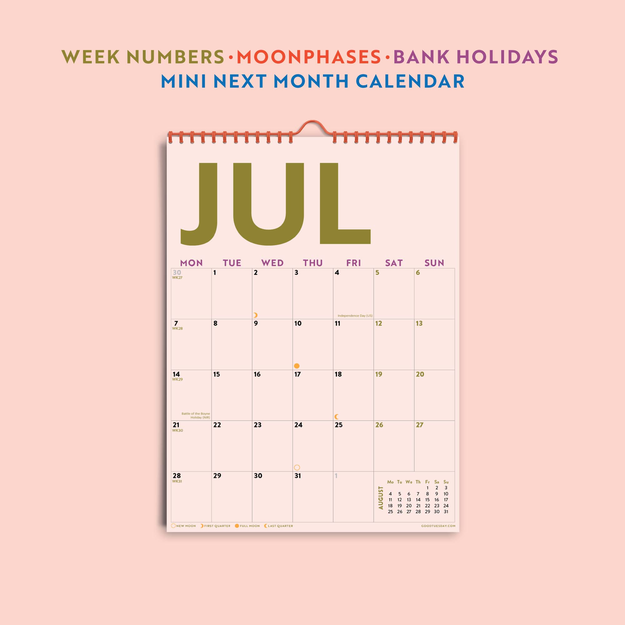 Detail shot of colourful calendar grid layout and type. Showcasing the week numbers, moonphases, holidays and mini month overview