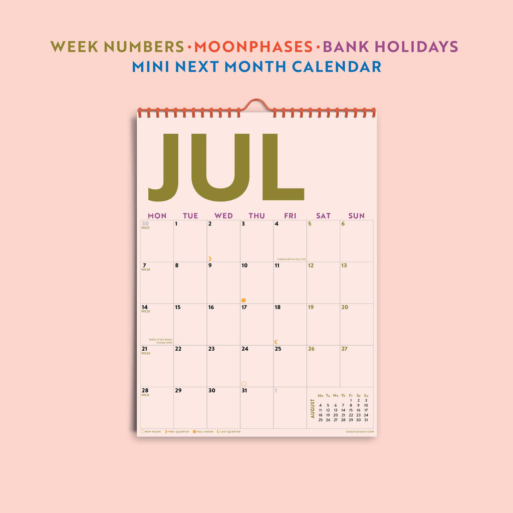 Detail shot of colourful calendar grid layout and type