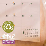 Close-up of the 2025–2026 Simply Bright A4 Wall Calendar, emphasising the 100% recycled paper and eco-conscious printing