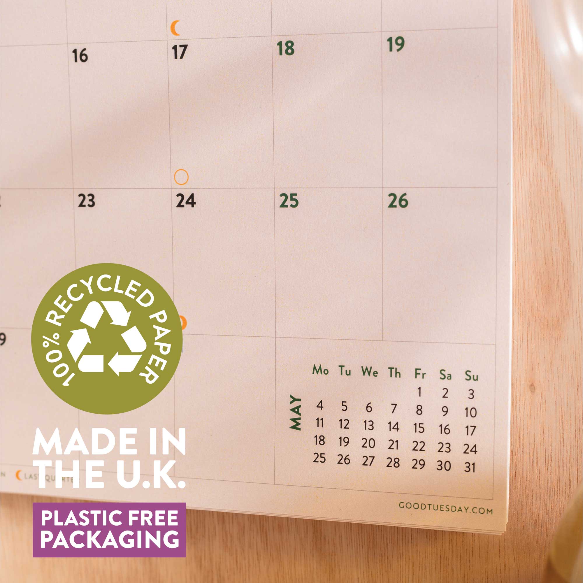 Close-up of the 2025–2026 Simply Bright A4 Wall Calendar, emphasising the 100% recycled paper and eco-conscious printing