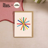 Starburst Design Museum birthday card, A6, geometric starburst in primary colours