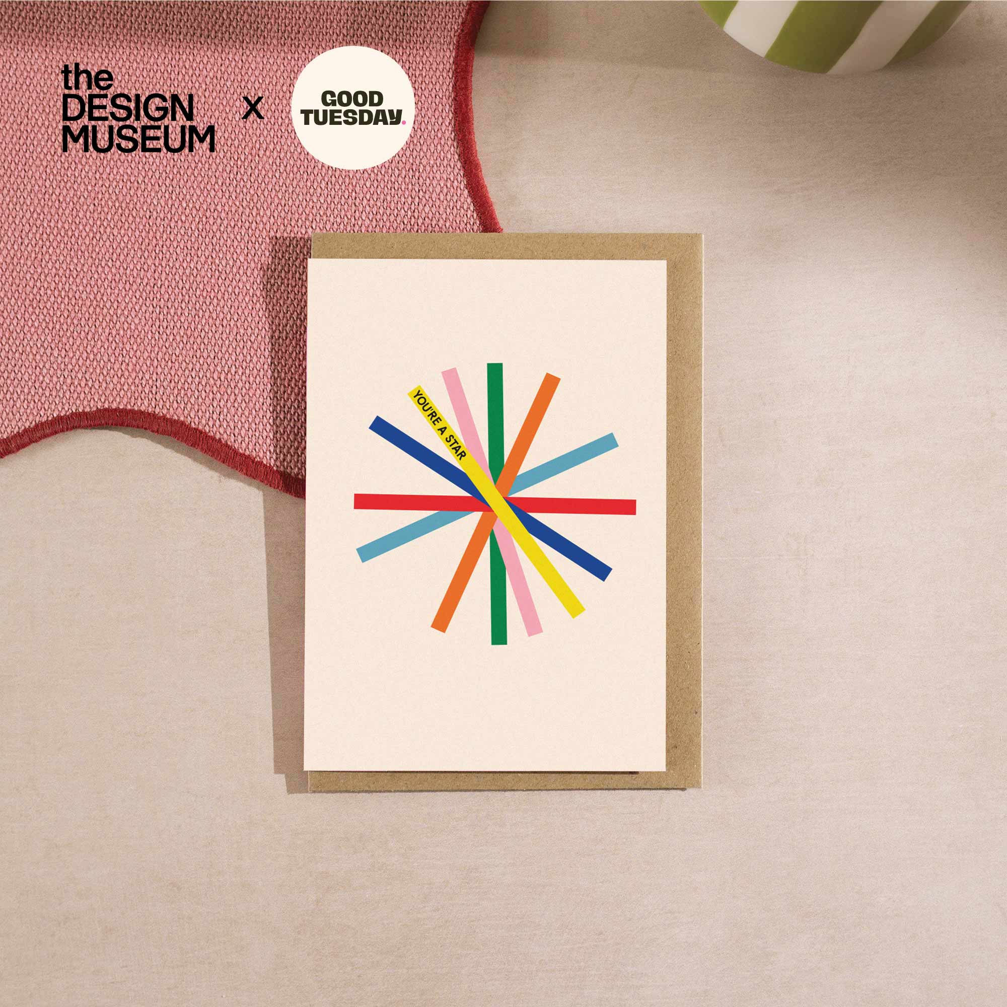 Starburst Design Museum birthday card, A6, geometric starburst in primary colours