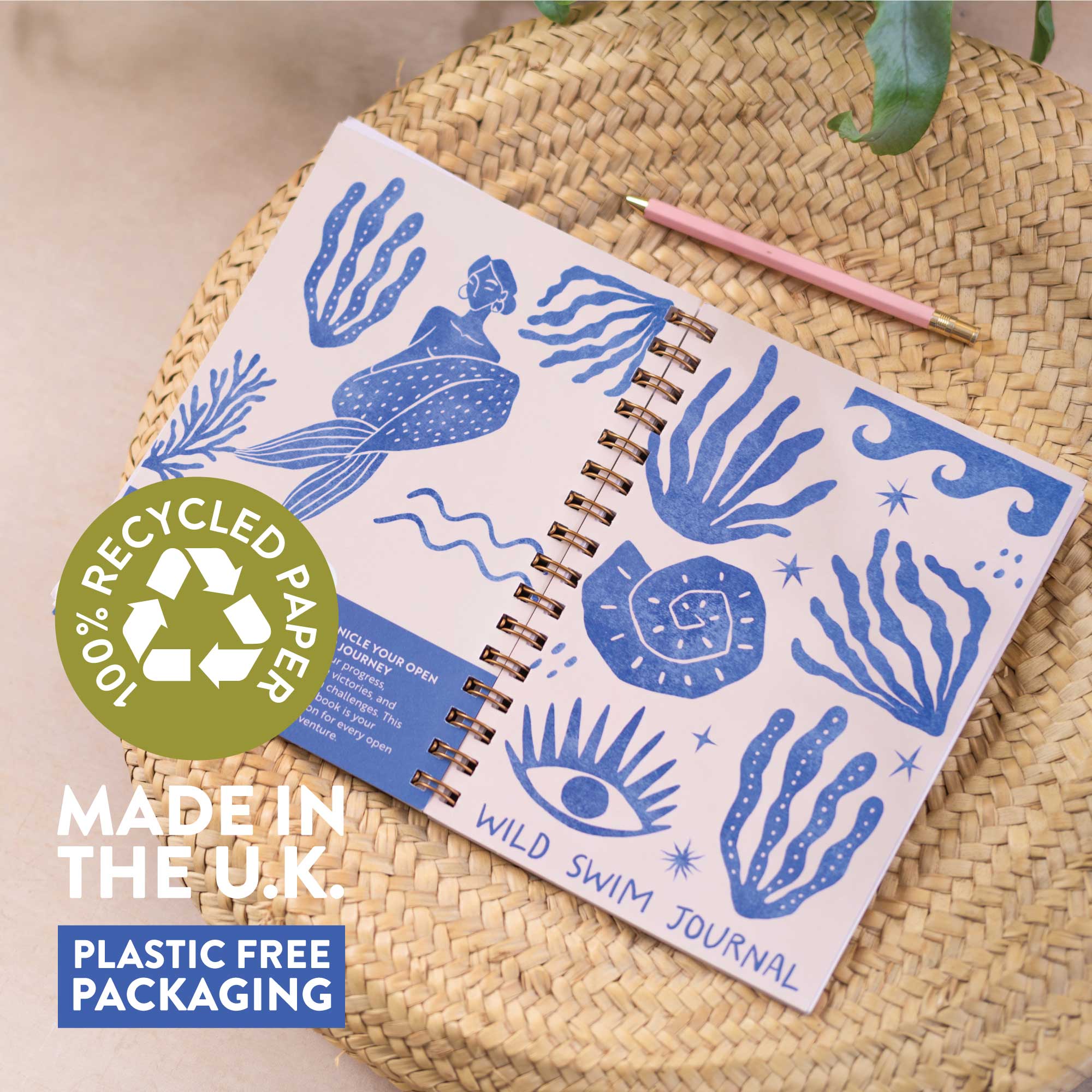 A5 Wild Swimming Journal. Open Water Swimming. Swimming Log. Swimming Gift. 100% Recycled Paper. Made in the UK.