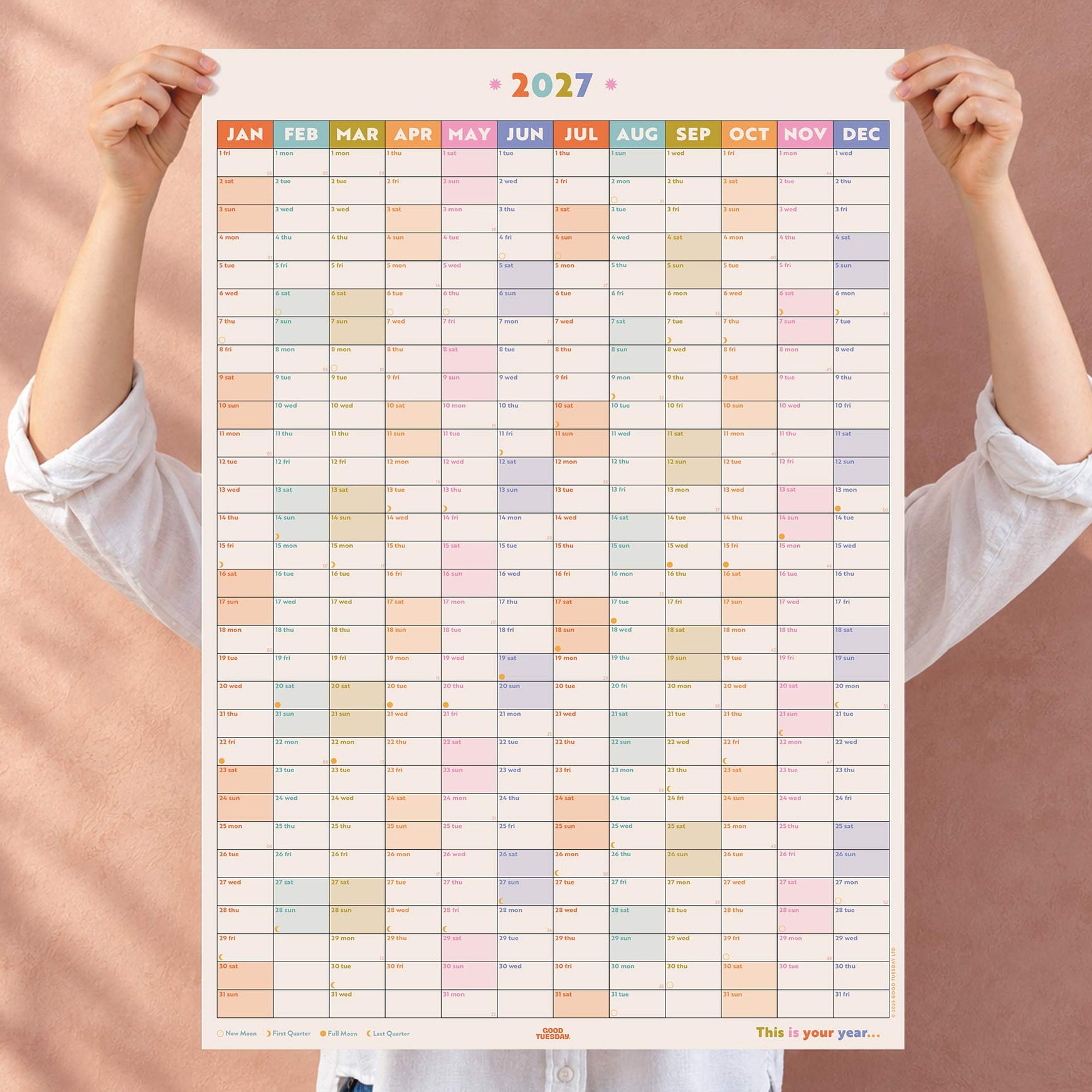 2027 year wall planner portrait calendar colourful  months with weekends highlighted  by Good Tuesday