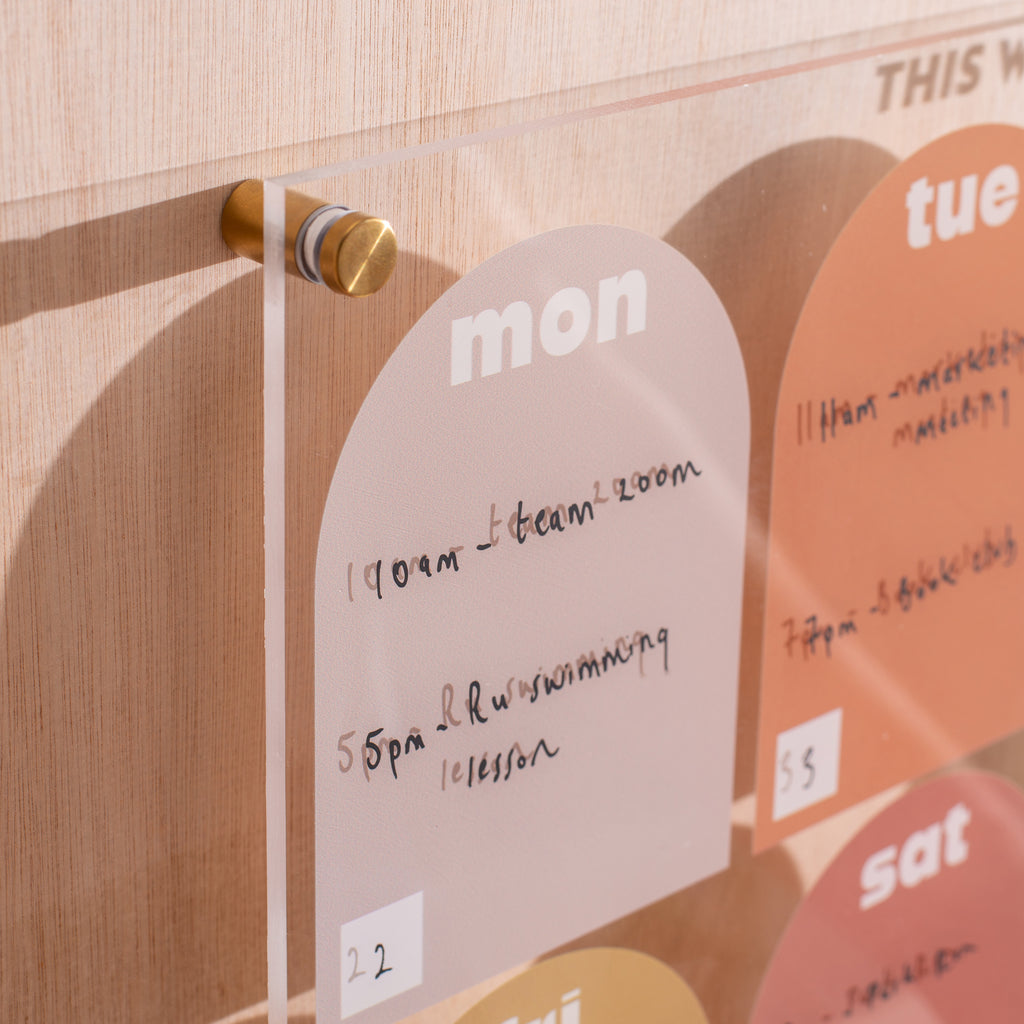 A4 landscape wipeable acrylic weekly planner in muted arches. 100% Greencast Recycled Acrylic. Design and printed in the UK.