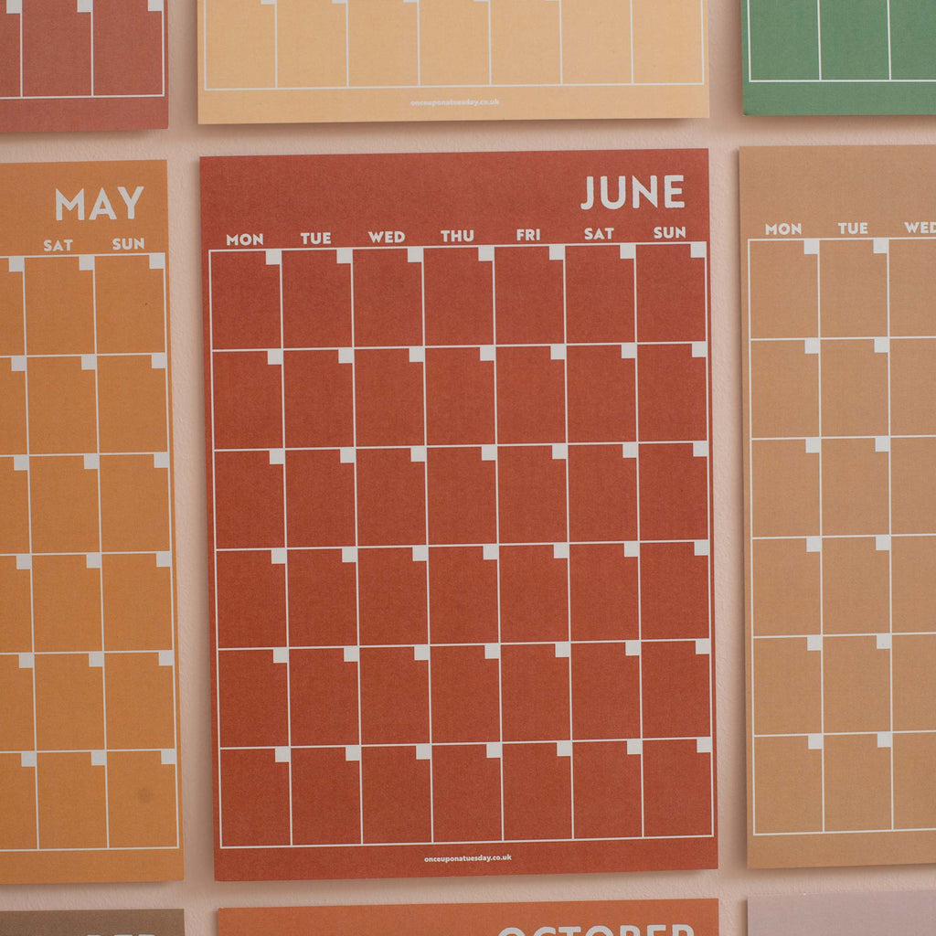 Undated A4 Wall Calendar - 12 separate monthly pages in a muted colour palette. 100% Recycled Paper, Made in the UK.