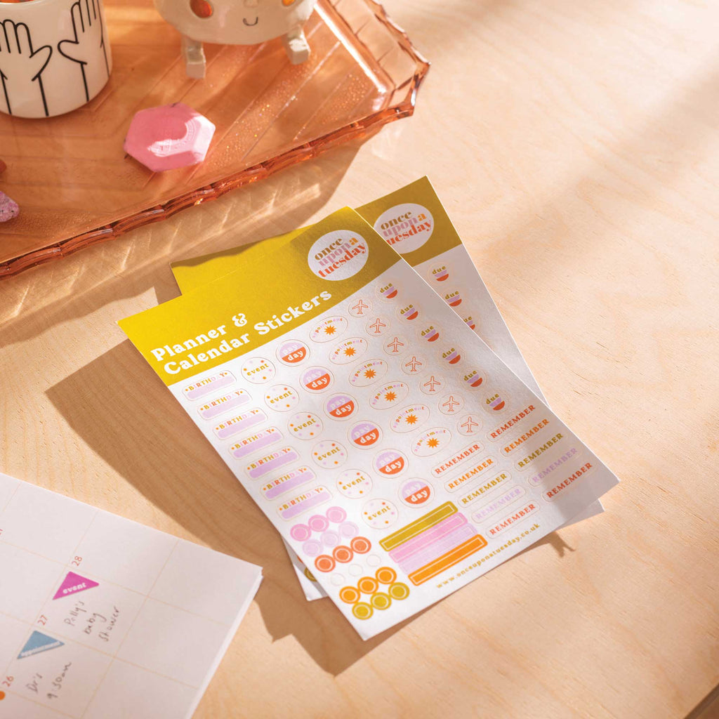 Two sheets of planner and calendar stickers. Use on your calendar, wall planner, or in your diary. 100% Recycled Paper. Made in the UK.