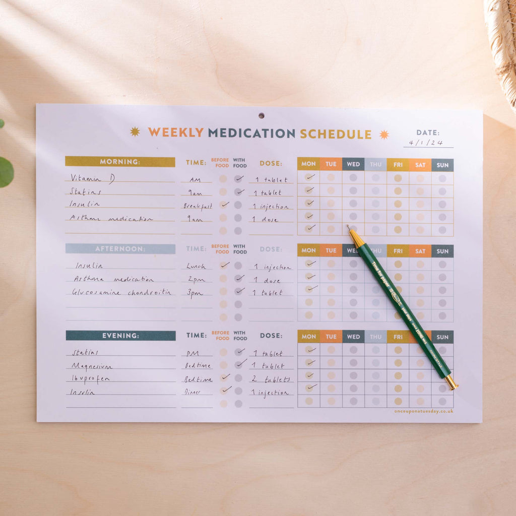 a4 colourful medication schedule and vitamin log. 100% recycled paper. 52 page planner pad.