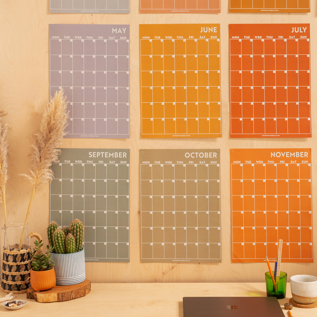 Undated A3 Wall Calendar - 12 seperate monthly pages in a surf inspired colour palette. 100% Recycled Paper, Made in the UK.