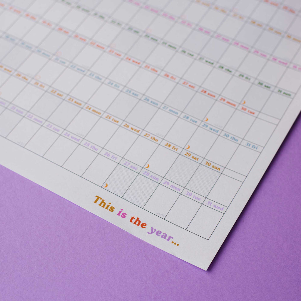 49x70cm colourful 2025 wall planner. 100% recycled paper and made in the UK.