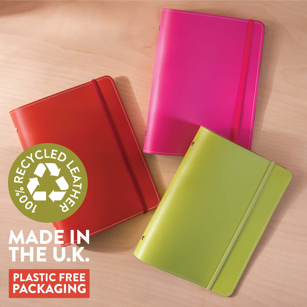 A5 filofax style refillable binder made from recycled leather. handmade in the UK.