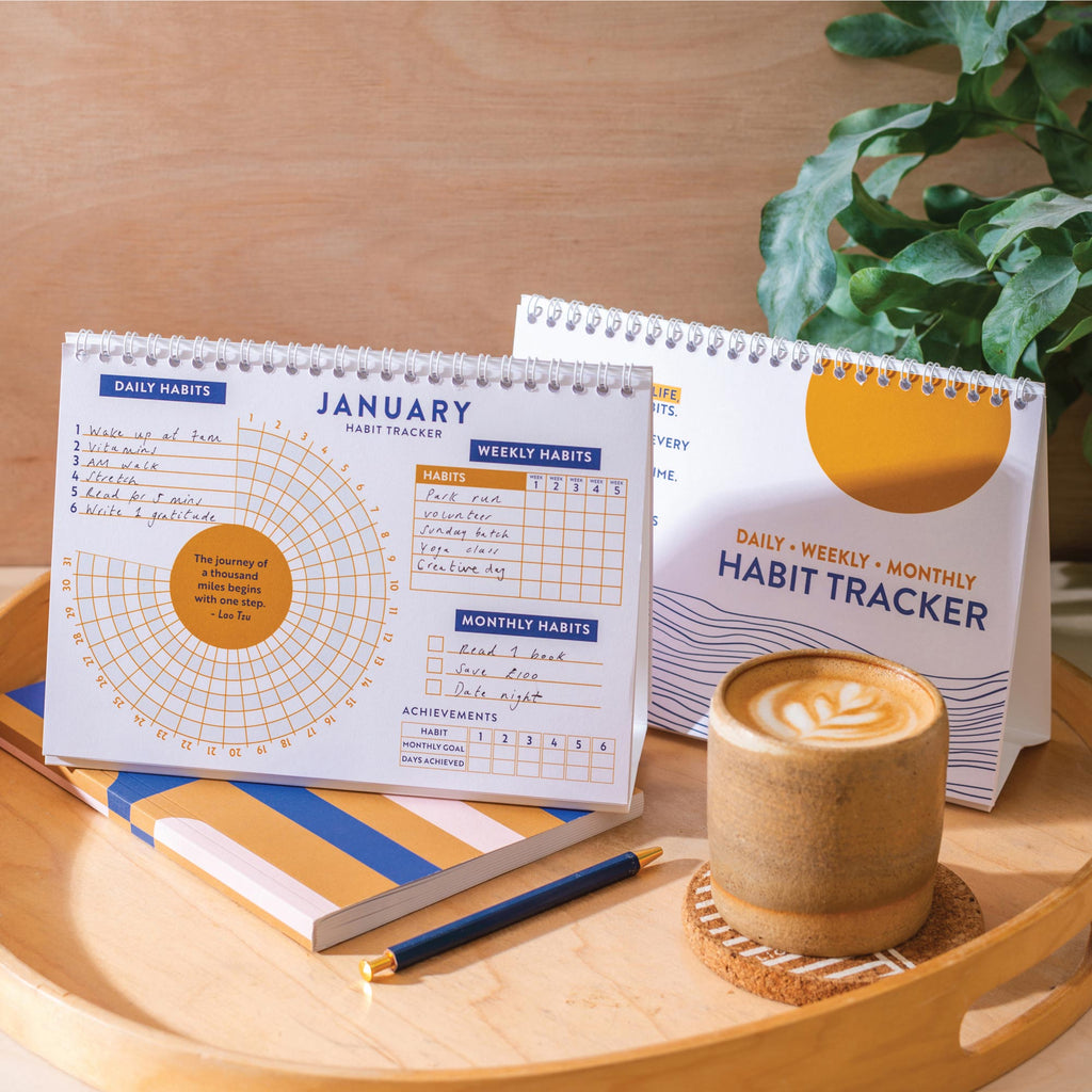 12 month habit tracker. Set and track daily, weekly, and monthly habits. A5 freestanding goal tracker. 100% recycled paper. Made in the UK.