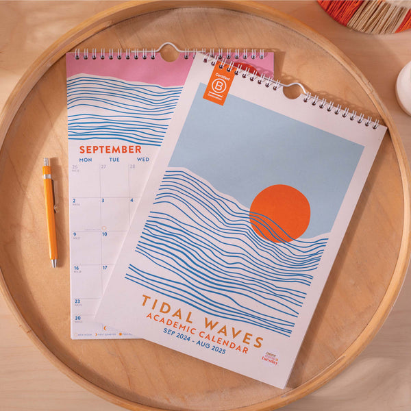 academic 2024-2025 year calendar. 12 months. tidal oceans waves. 100% recycled paper.