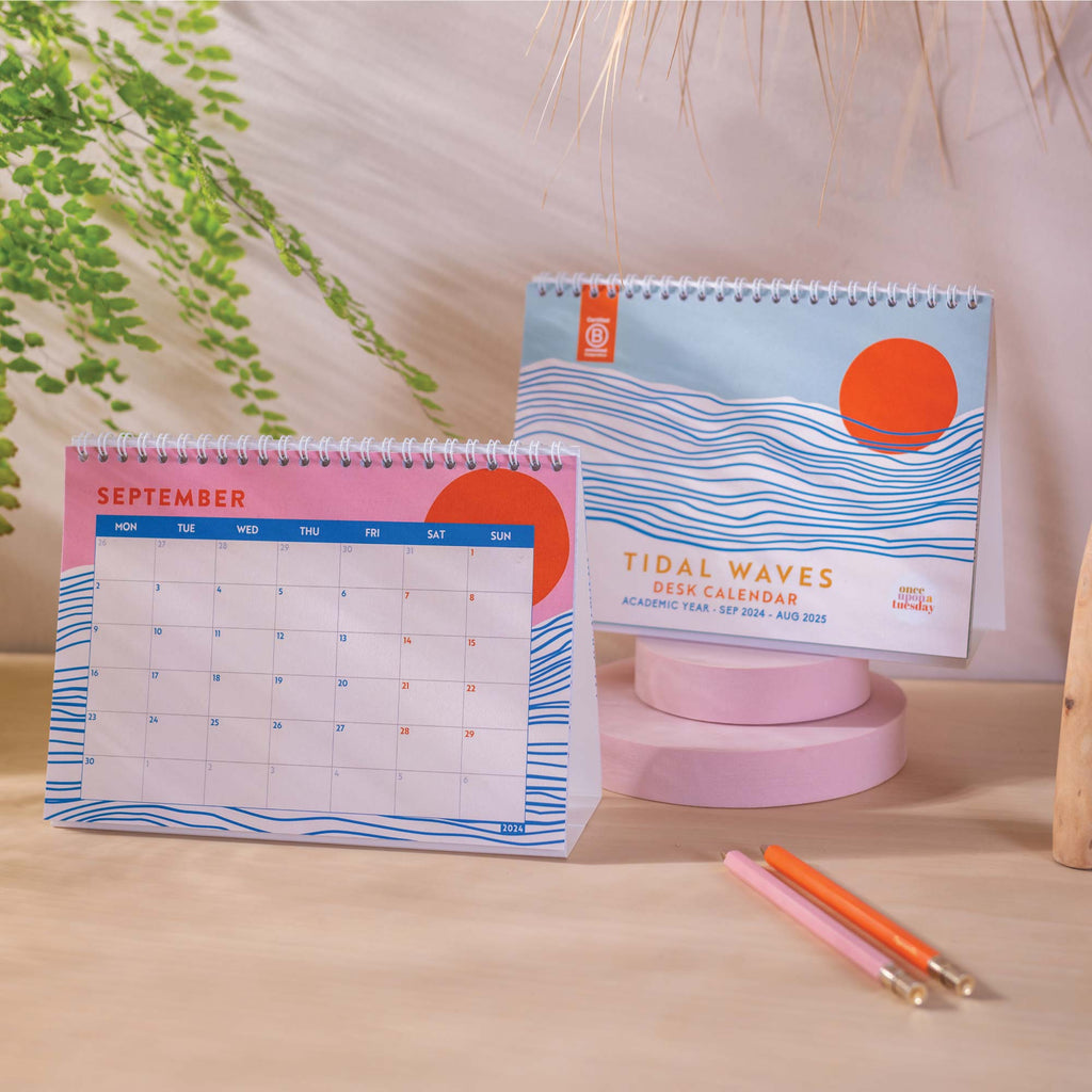 academic year 2024-2025 desk calendar, A5 size. Minimalist ocean inspired design. 100% Recycled Paper and made in the UK.