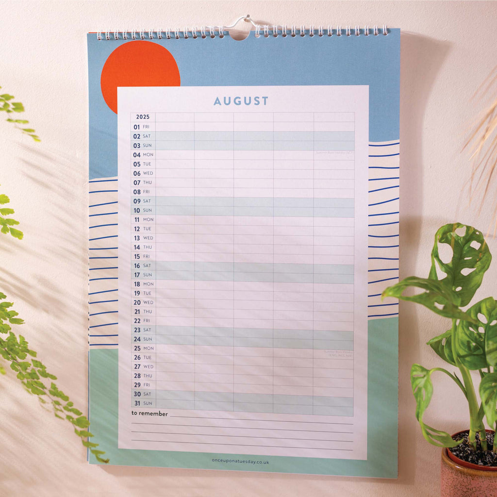 5 column family planner. academic year planner. 2024-2025 family calendar. 100% recycled paper. made in the UK. tidal waves. ocean inspired.