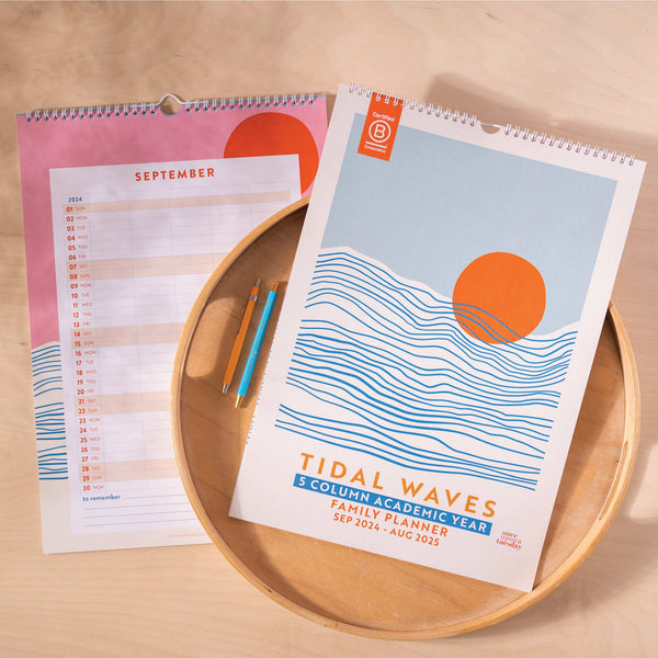 5 column family planner. academic year planner. 2024-2025 family calendar. 100% recycled paper. made in the UK. tidal waves. ocean inspired.