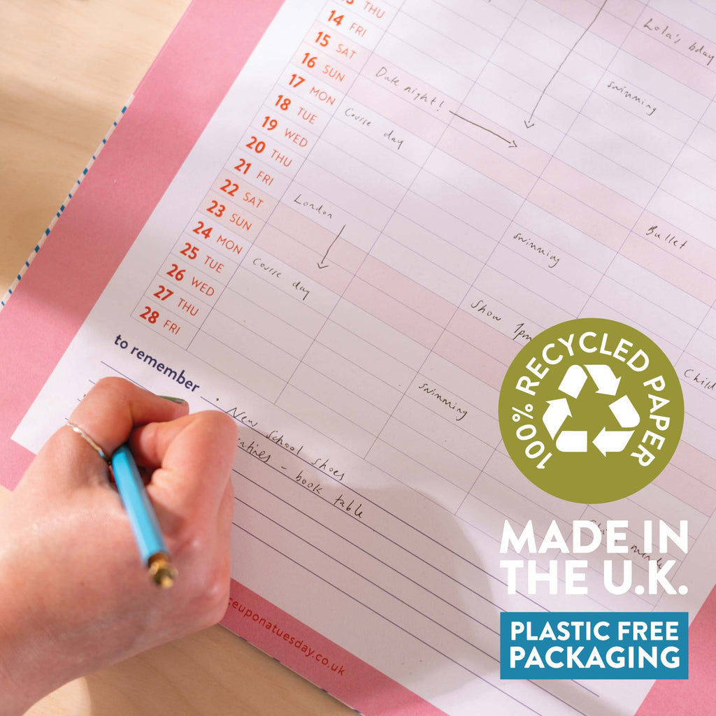 5 column family planner. academic year planner. 2024-2025 family calendar. 100% recycled paper. made in the UK. tidal waves. ocean inspired.