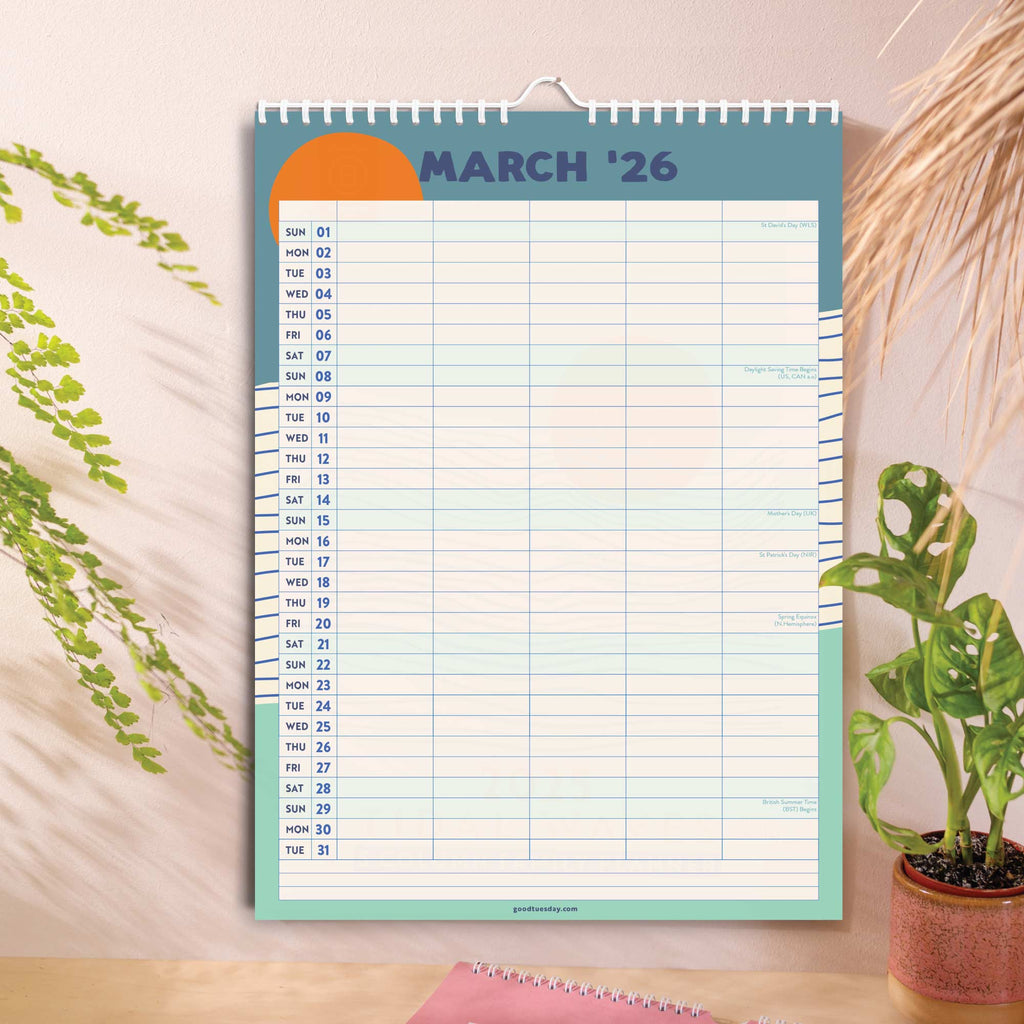 Monthly view showing 5 columns for family schedules and key dates