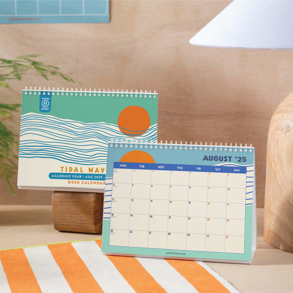 Ocean-inspired 2025–2026 desk calendar cover and first calendar page, highlighting the flip format
