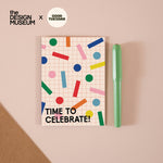 Time to Celebrate Design Museum greeting card, A6, lines dots and grids in bright primary colours
