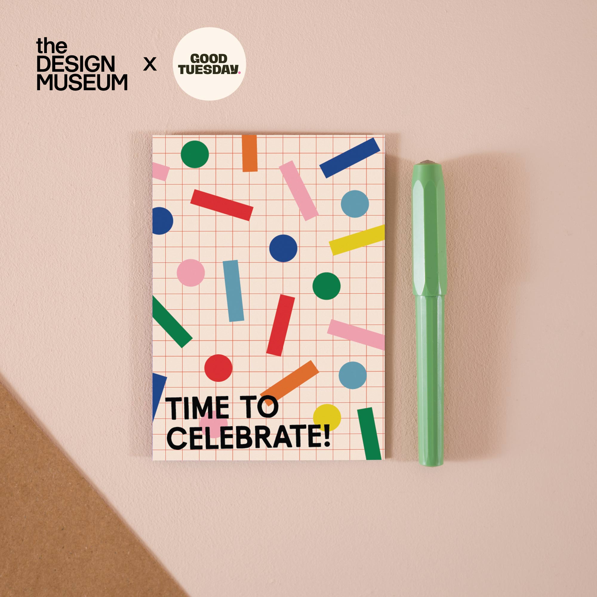 Time to Celebrate Design Museum greeting card, A6, lines dots and grids in bright primary colours