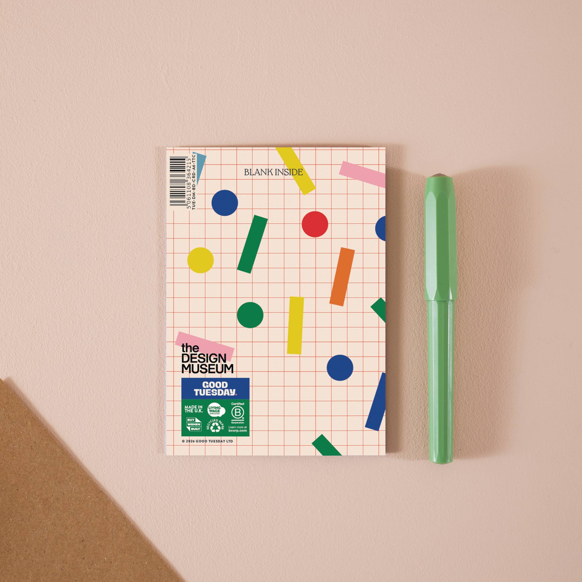 Time to Celebrate Design Museum greeting card, blank inside, with recycled kraft envelope