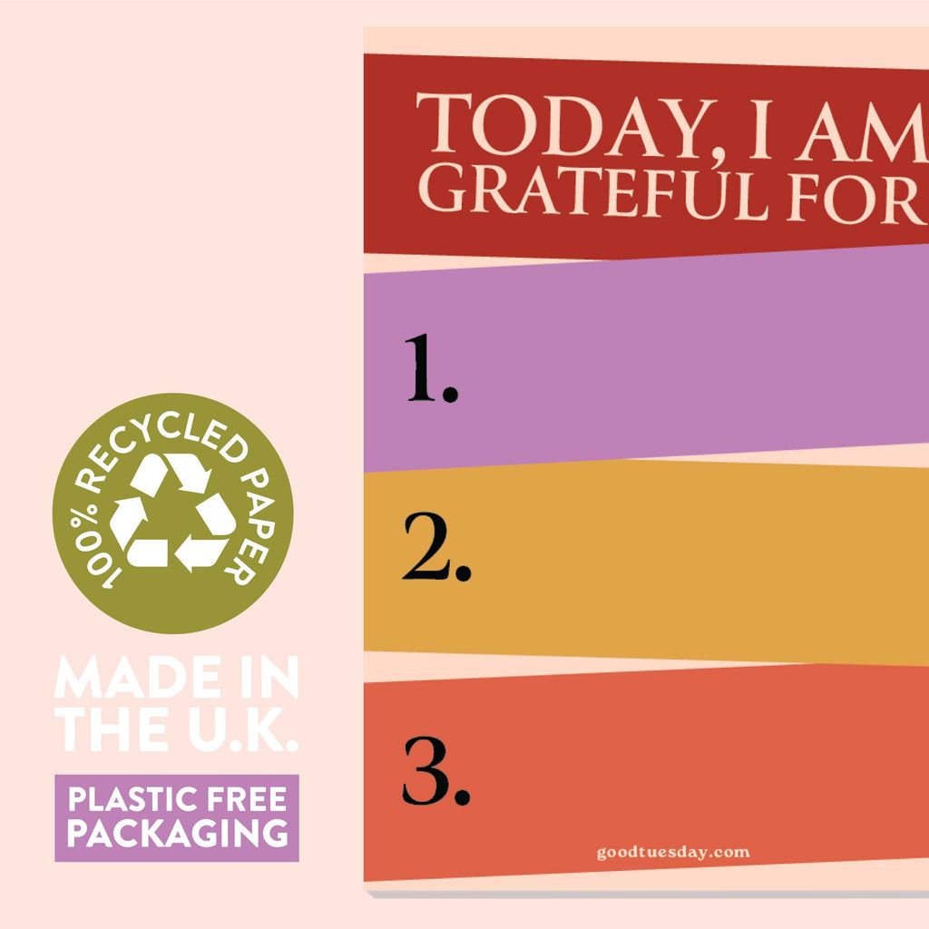 daily gratitude. 3 good things. a6 notepad. 100% recycled paper.