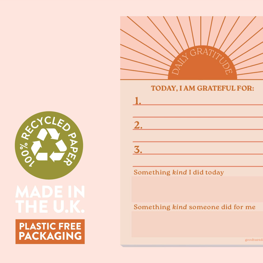 daily gratitude. 3 good things. a6 notepad. 100% recycled paper.
