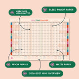 Close-up of colourful date grid with moon phases and weekend highlights