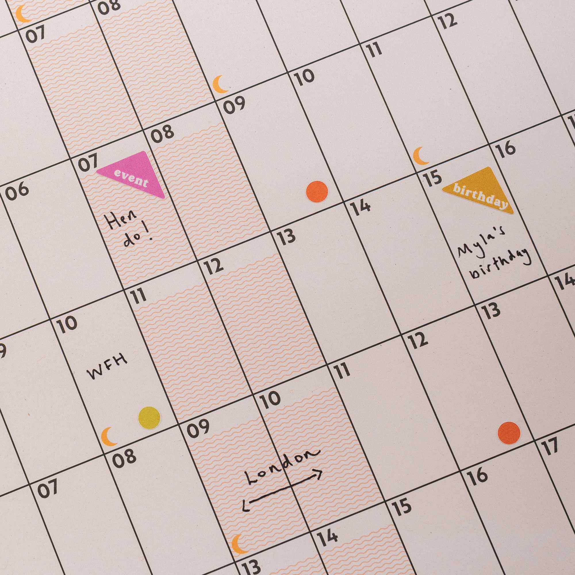 2026 wall calendar in use with writing and stickers