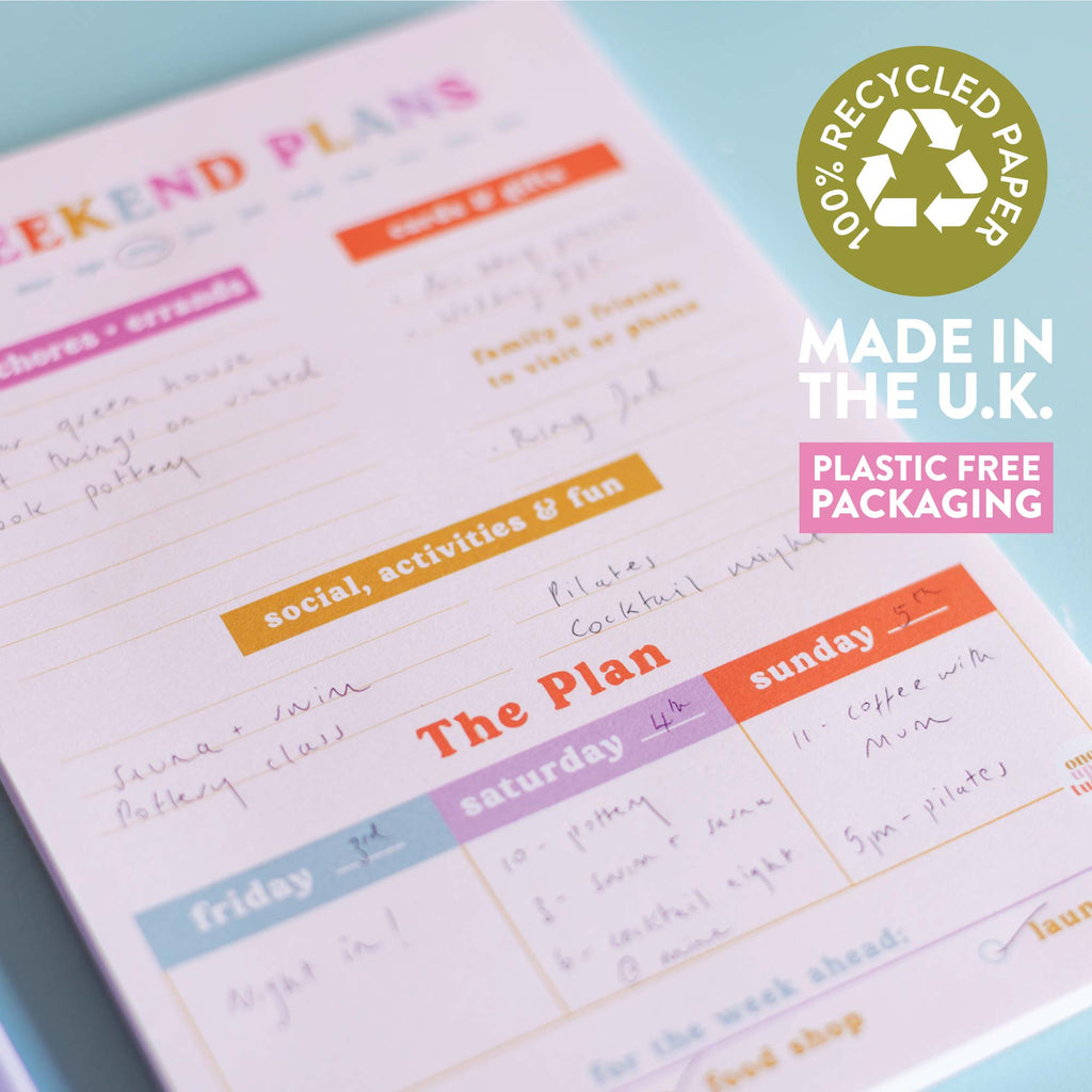 A5 planner pad. plan out your weekends. 100% recycled paper. weekend planner. weekly planner