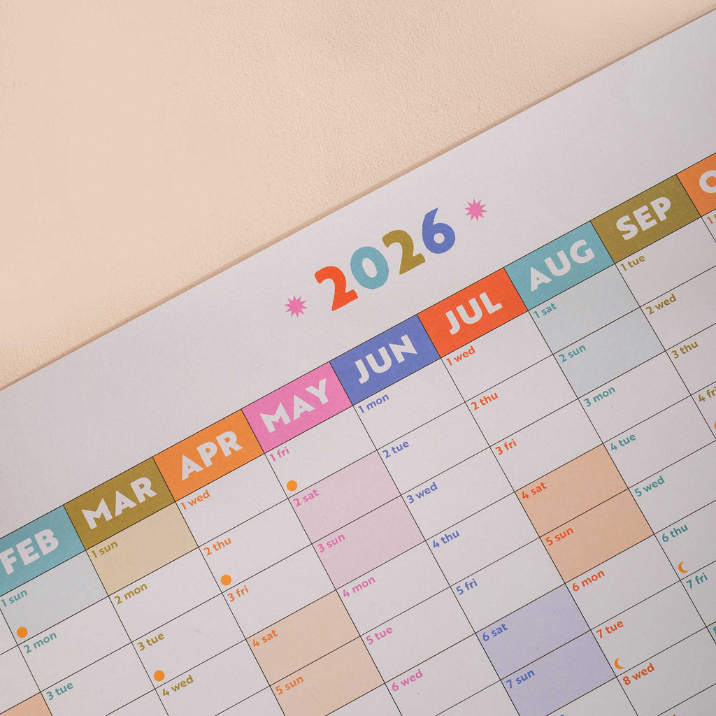 close up of colourful 2026 wall planner