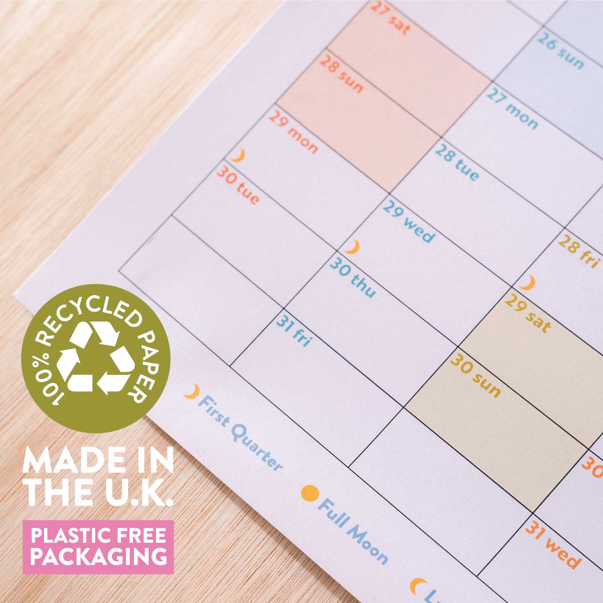 2026 planner printed on 100% recycled paper, Sharpie-friendly surface