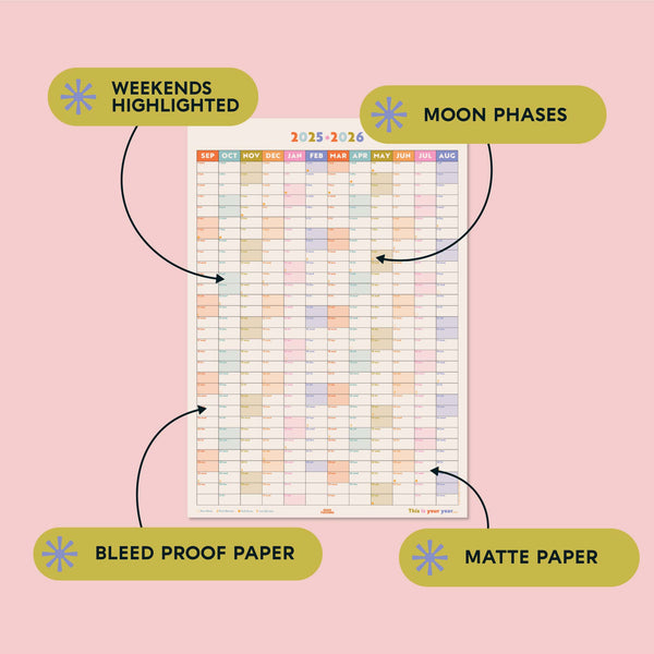 academic 2025 - 2026 year wall planner in pastel. portrait planner. 100% recycled paper