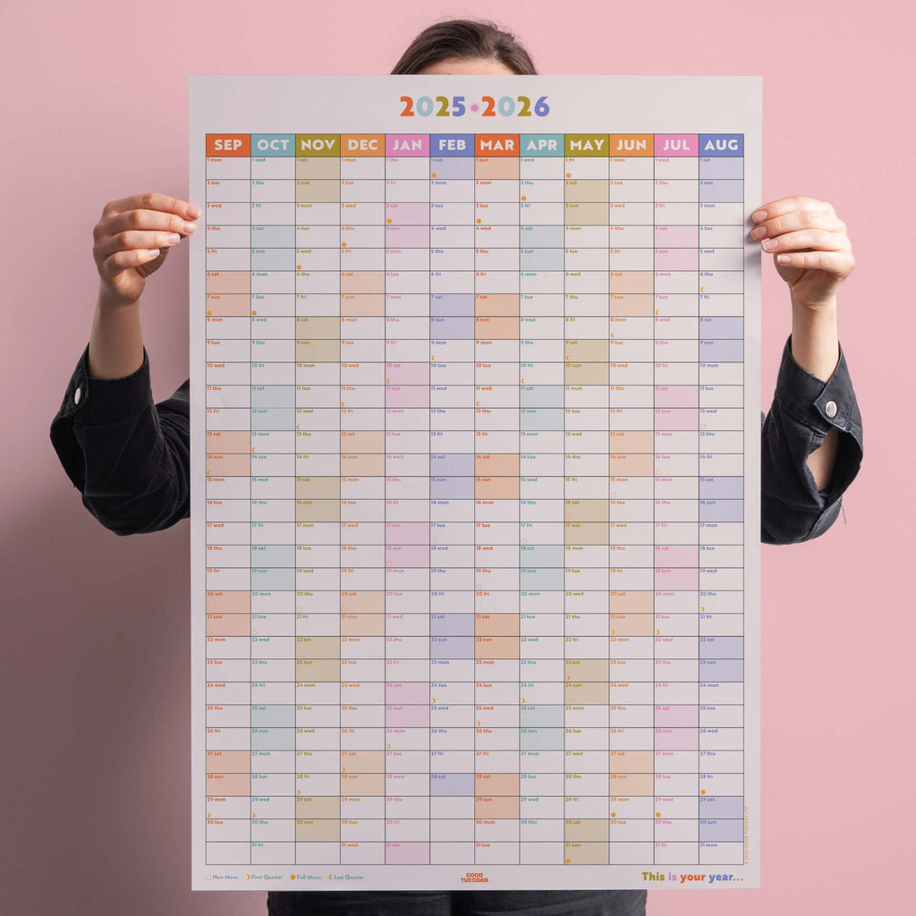 academic 2025 - 2026 year wall planner in pastel. portrait planner. 100% recycled paper