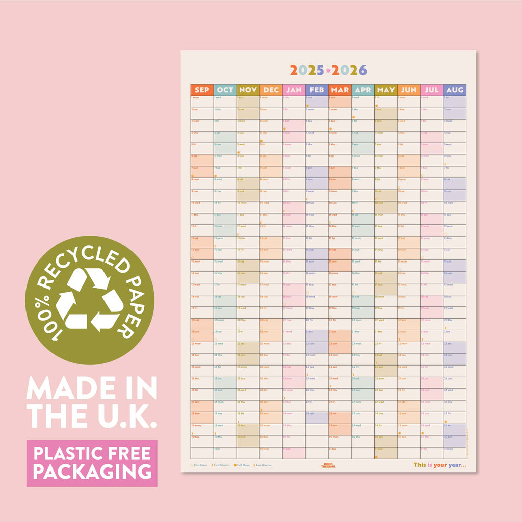 academic 2025 - 2026 year wall planner in pastel. portrait planner. 100% recycled paper