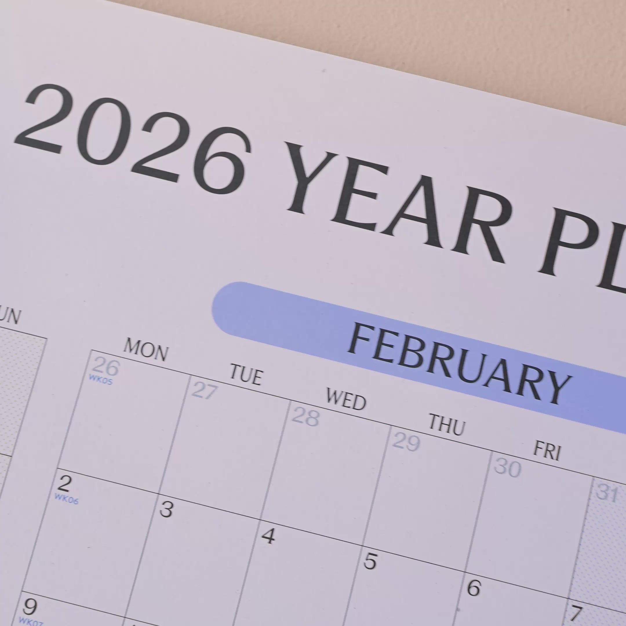 video showing the 2026 year planner, with pastel colours. View your year at a glance. 