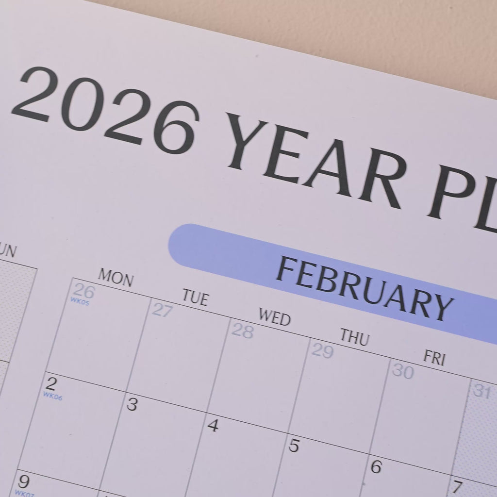 video showing the 2026 year planner, with pastel colours. View your year at a glance. 