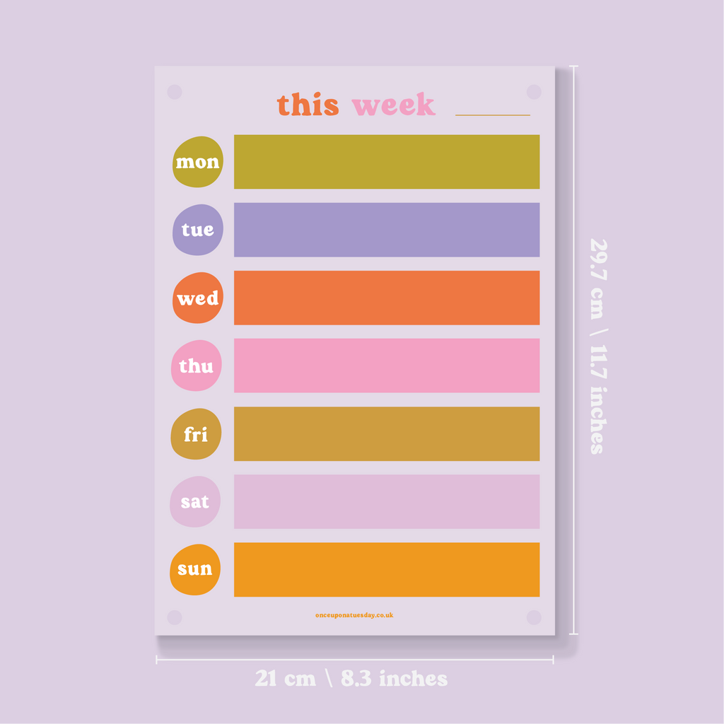 A4 Wipeable Weekly Planner in the Rainbow List Design. A4. Comes with or without wall mounts. Printed on Greencast 100% Recycled Acrylic. Made in the UK.