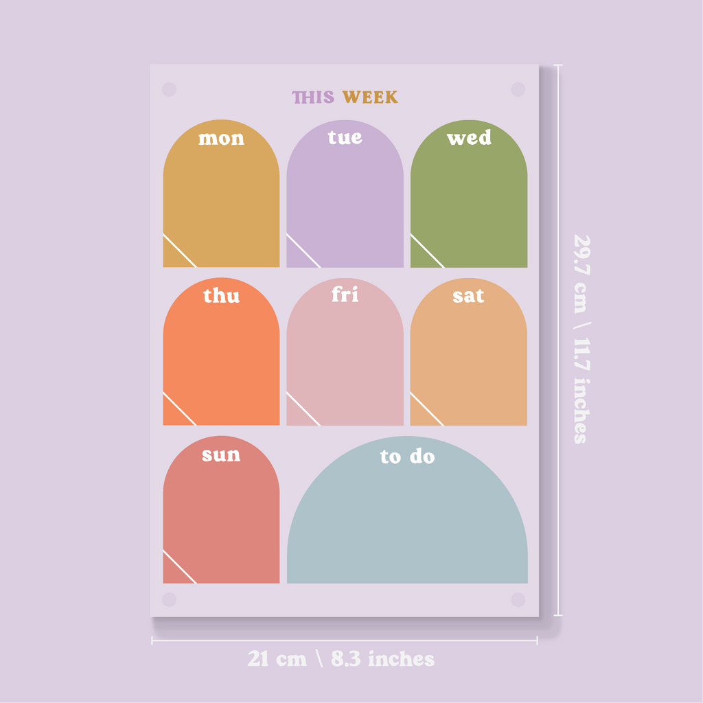 A4 Wipeable Weekly Planner in the Pastel Arches Design. A4. Comes with or without wall mounts. Printed on Greencast 100% Recycled Acrylic. Made in the UK.