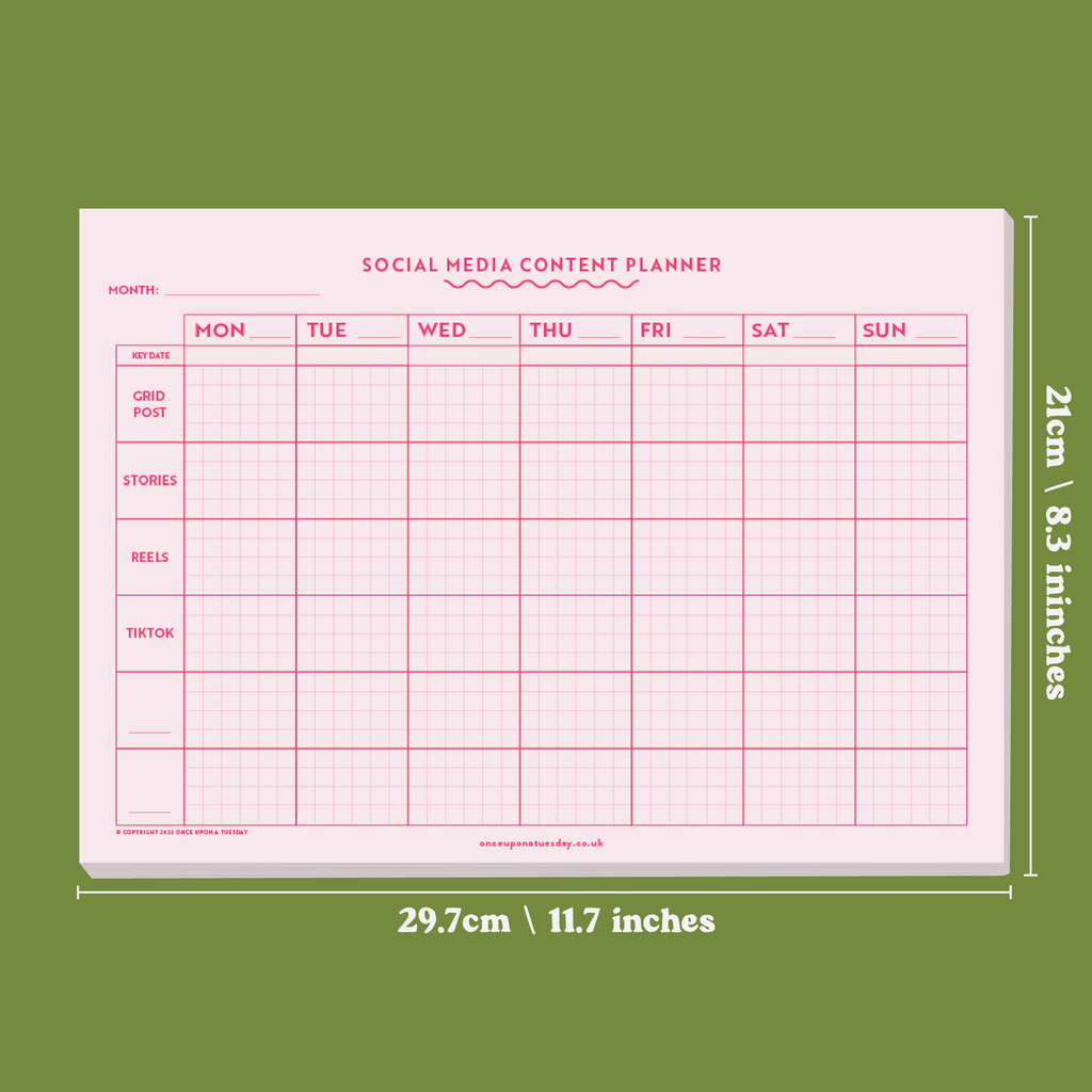 A4 Landscape, Weekly Social Media Content Planner Pad. 7 days, 6 platforms and undated. 52 pages. 100% Recycled Paper. Made in the UK.