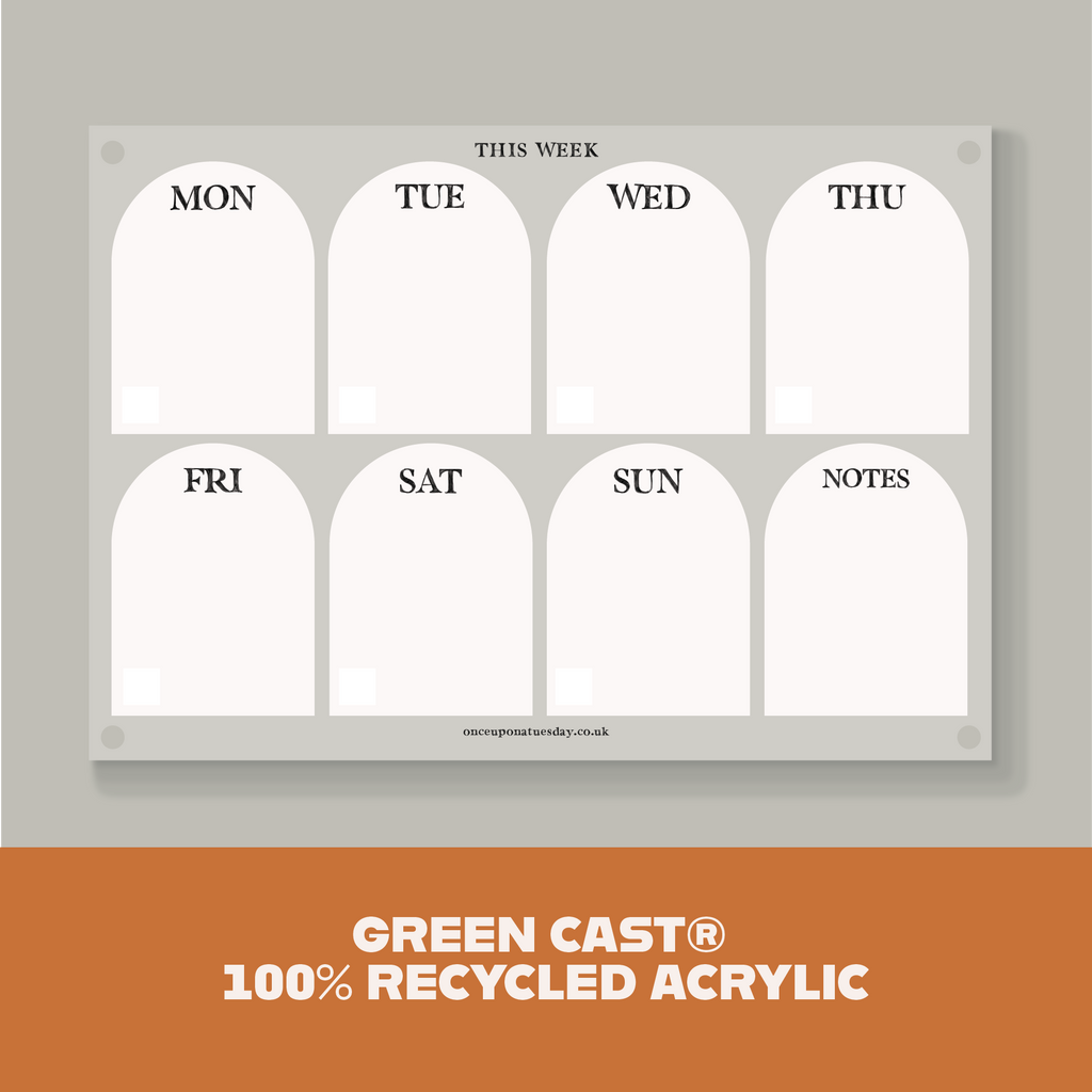 A3 landscape wipeable acrylic weekly planner in neutral arches. 100% Greencast Recycled Acrylic. Design and printed in the UK.