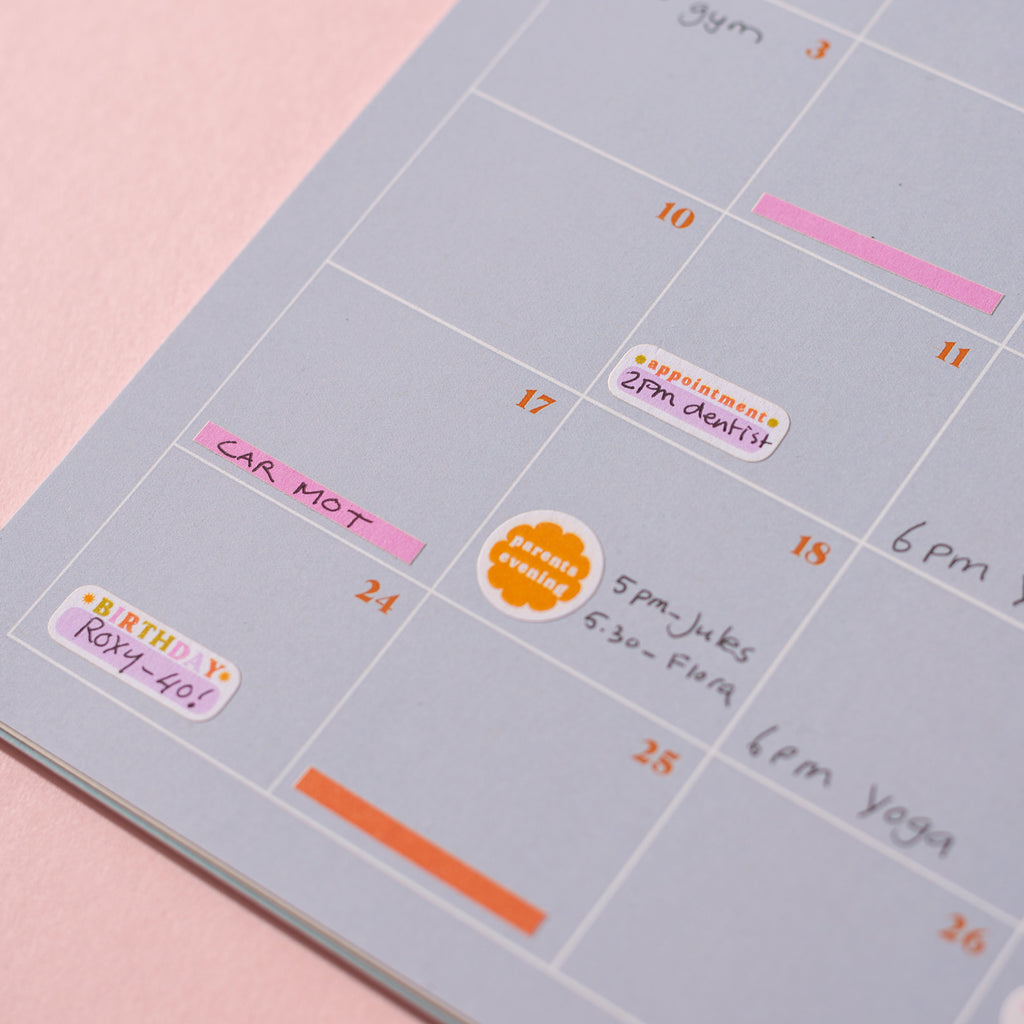 One sheet of family calendar planner stickers. Use on your calendar, wall planner, or in your diary. 100% Recycled Paper. Made in the UK.