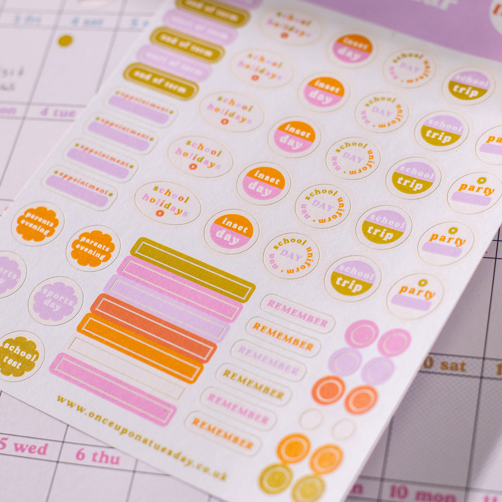 One sheet of family calendar planner stickers. Use on your calendar, wall planner, or in your diary. 100% Recycled Paper. Made in the UK.